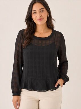 LOFT Black Sheer Plaid Long Sleeve Blouse Size M Ruffle Hem Work Top